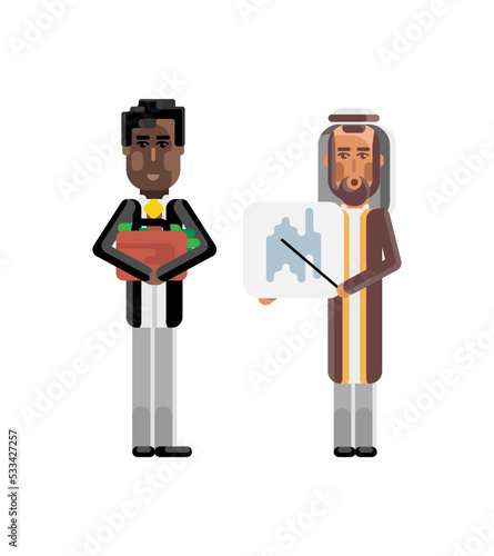 Arabic businessman showing financial diagram and african investor holding money suitcase. Corporate multicultural business people isolated vector illustration.