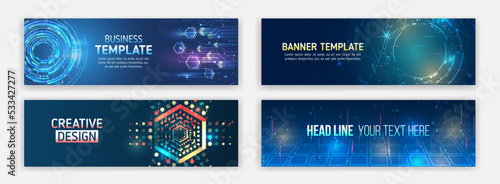 Modern banner in hi-tech style. Set of web banner templates, information protection, big data. Scientific and technical concept.