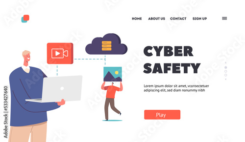 Cyber Safety Landing Page Template. Personal Data Protection in Internet, Computer and Account Cybersecurity