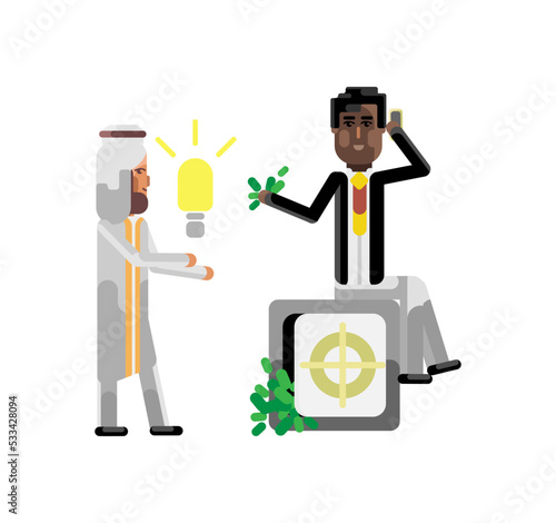 Arabic businessman holding idea light bulb and african investor with smartphone sitting on bank safe full of money. Corporate multicultural business people isolated vector illustration.