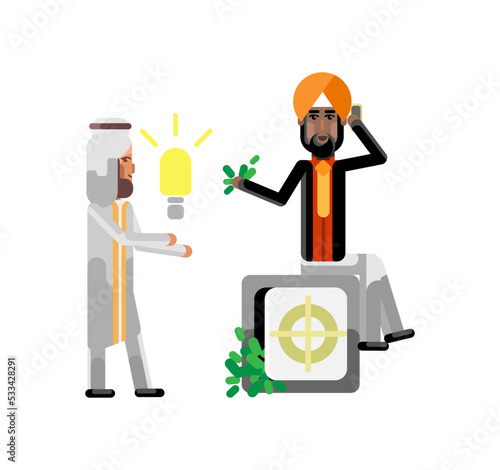 Arabic businessman holding idea light bulb and indian investor with smartphone sitting on bank safe full of money. Corporate multicultural business people isolated vector illustration.