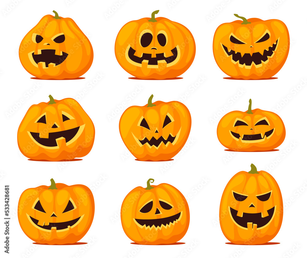 Set of Halloween pumpkins with cut out faces. Scary, fun, smiles for pumpkins. Vector illustration Set of Halloween pumpkins with cut out faces. Scary, fun, smiles for pumpkins. Vector illustration