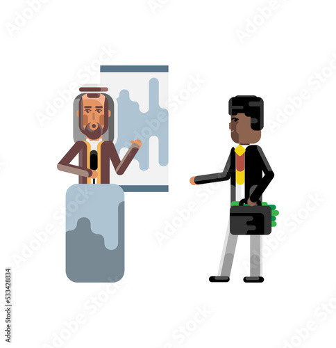 Arabic speaker on tribune doing business presentation and african investor holding money suitcase. Corporate multicultural business people isolated vector illustration.