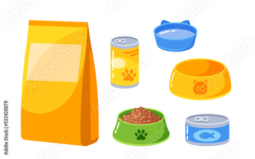 Set Of Animal Accessories, Isolated Pet Food Icons. Package With Dry Feeding For Cats Or Dogs, Plastic Bowl With Cookies