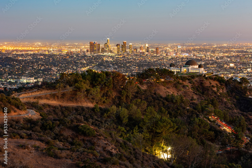 Night view of the Los Angeles cityscape with Griffith Observatory
