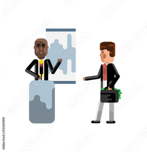 African speaker on tribune doing business presentation and european investor holding money suitcase. Corporate multicultural business people isolated vector illustration.