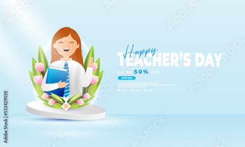 blue teacher's day greeting vector illustration with cloud, ribbon, balloon and book elements