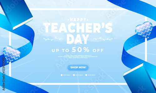 blue teacher's day greeting vector illustration with cloud, ribbon, balloon and book elements
