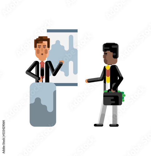 European speaker on tribune doing business presentation and african investor holding money suitcase. Corporate multicultural business people isolated vector illustration.