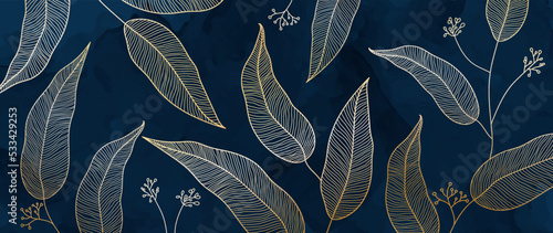 Golden leaf botanical modern art deco wallpaper navy blue background vector. Linear background design for interior design, vector art, trendy textile patterns, textures, posters