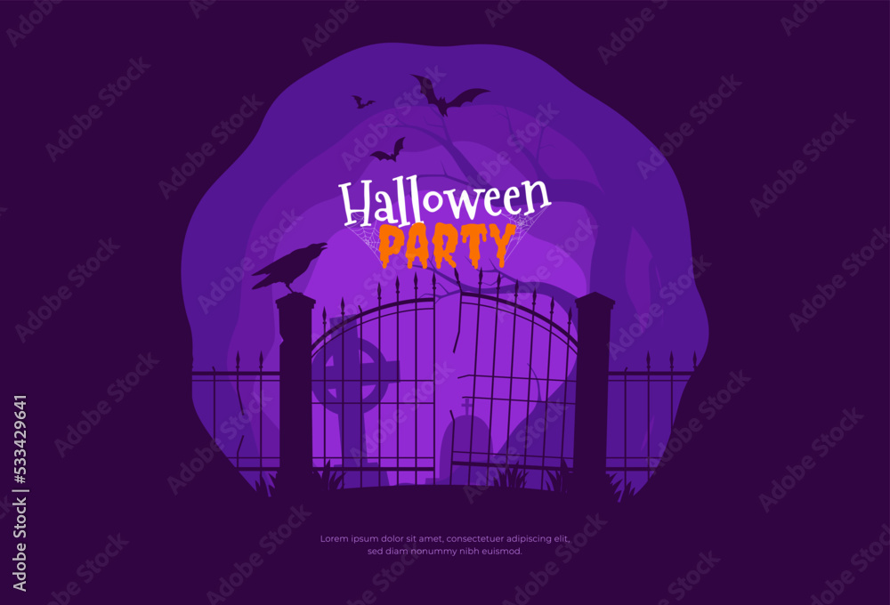 Happy Halloween. Banner with scary silhouettes of trees, graves and abandoned buildings. Halloween background. Vector illustration