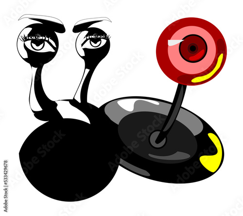 Aliens, ufo and robotiv eye vector retro icons. Extraterrestrial comer with no arms,   round fat body and huge eyes. Red, Yellow and Black