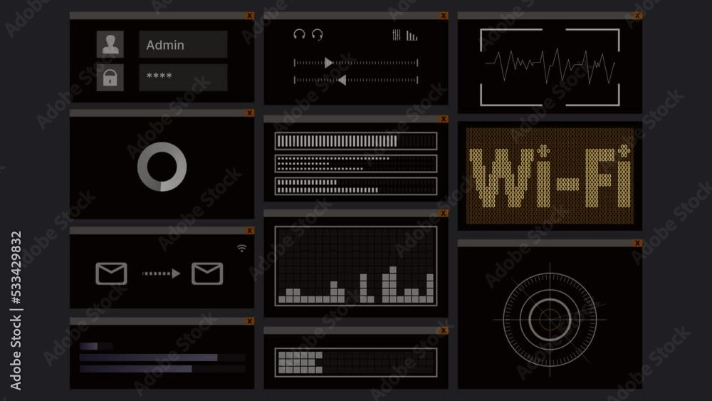 Wi-Fi network screen animation. Hacking attack program. Wi-Fi network screen animation. Hacking attack program.