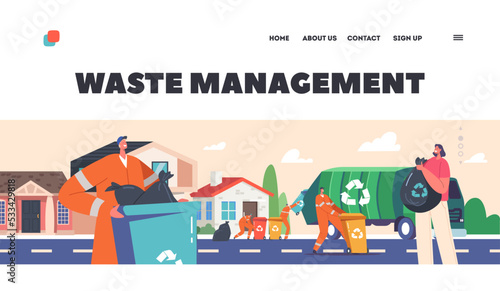 Waste Management Landing Page Template. Scavengers Collect Litter to Truck on Street. Rubbish and Waste Recycling