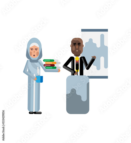 African speaker on tribune doing business presentation and arabic secretary with documents and coffee cup near here. Corporate multicultural business people isolated vector illustration.