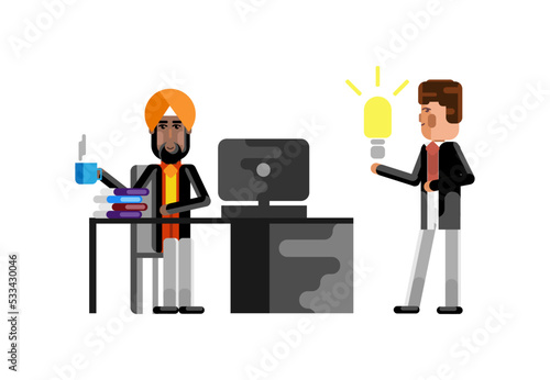 Business meeting indian manager with european businessman holding idea light bulb. Corporate multicultural business people isolated vector illustration.