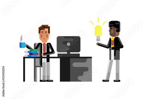 Business meeting european manager with african businessman holding idea light bulb. Corporate multicultural business people isolated vector illustration.