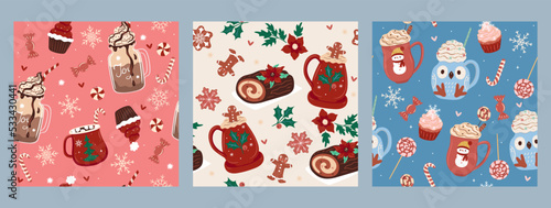 Set of seamless patterns with winter drinks and sweets. Vector graphics.