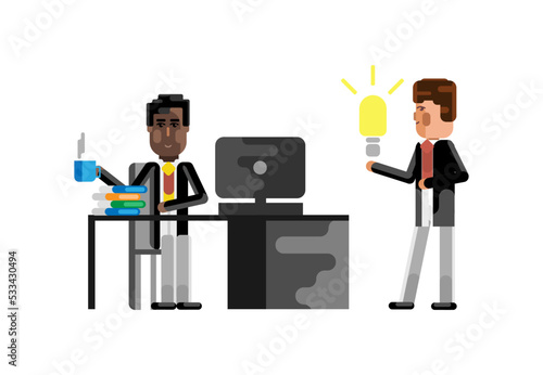 Business meeting african manager with european businessman holding idea light bulb. Corporate multicultural business people isolated vector illustration.