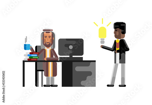 Business meeting arabic manager with african businessman holding idea light bulb. Corporate multicultural business people isolated vector illustration.