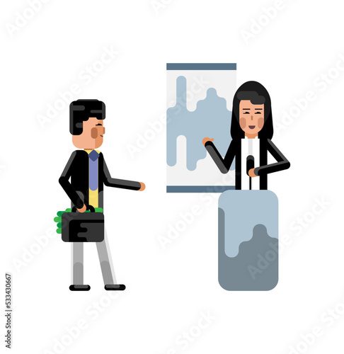 Asian woman on tribune doing business presentation and investor holding money suitcase. Corporate business people isolated vector illustration.