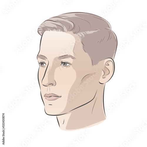 Man face portrait three different angles and turns of a male head. Close-up vector line sketch illustration. Different view front, profile, three-quarter of a boy.