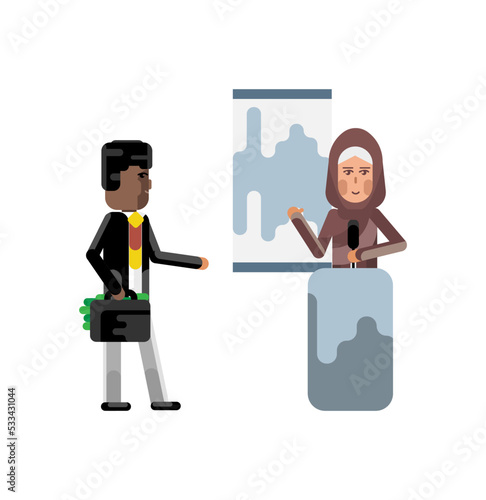 Arabic woman on tribune doing business presentation and african investor holding money suitcase. Corporate multicultural business people isolated vector illustration.