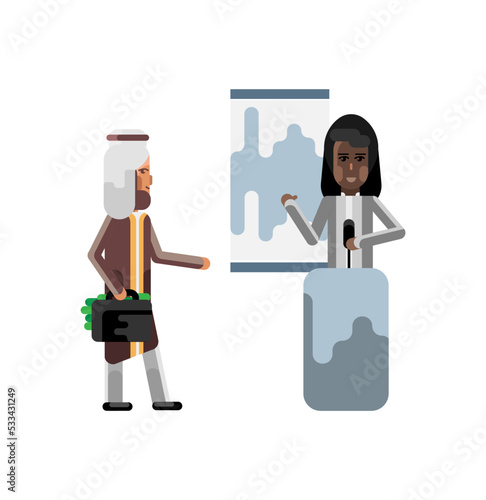Black woman on tribune doing business presentation and arabic investor holding money suitcase. Corporate multicultural business people isolated vector illustration.