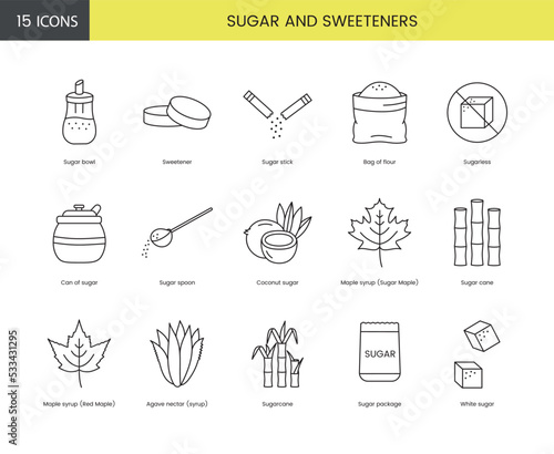 A set of linear icons in the sugar and sweeteners vector includes maple, coconut and bag of flour and sugarless, cane and agave nectar, sugarcane.