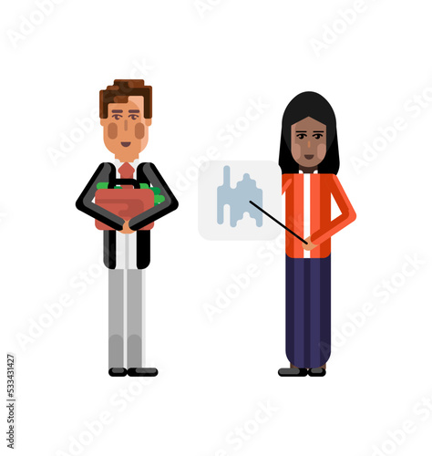 Indian businesswoman showing financial diagram and european investor holding money suitcase. Corporate multicultural business people isolated vector illustration.