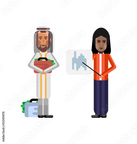 Indian businesswoman showing financial diagram and arabic investor holding money suitcase. Corporate multicultural business people isolated vector illustration.