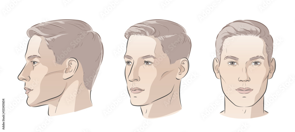 Vetor de vector Set of man face portrait three different angles and turns  of a male head. Close-up line sketch. Different view front, profile, three- quarter of a boy. do Stock