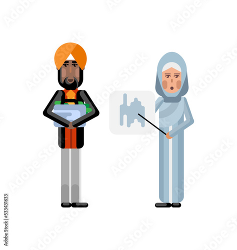 Arabic businesswoman showing financial diagram and indian investor holding money suitcase. Corporate multicultural business people isolated vector illustration.