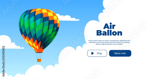 Banner hot air balloon on the background of the sky with clouds. Vector illustration
