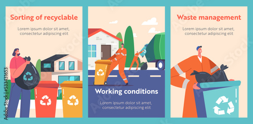 Waste Management Cartoon Banners. Scavengers in Uniform Collect Litter to Truck, Woman Throw Garbage into Recycling Bins