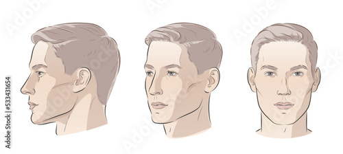 vector Set of man face portrait three different angles and turns of a male head. Close-up line sketch. Different view front, profile, three-quarter of a boy.