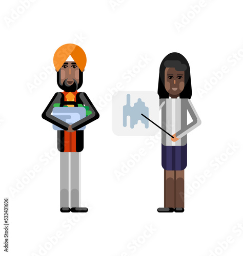 African businesswoman showing financial diagram and indian investor holding money suitcase. Corporate multicultural business people isolated vector illustration.
