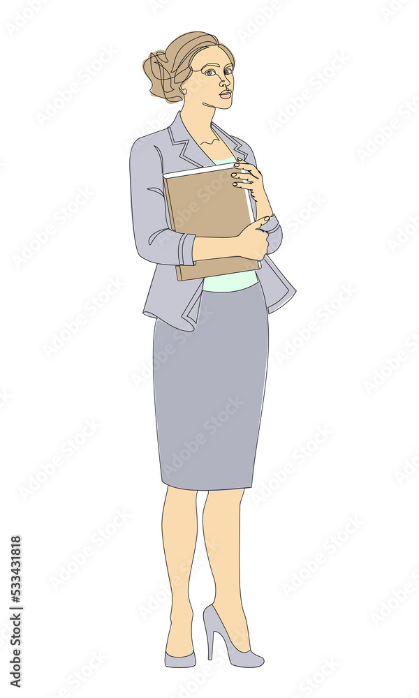 Silhouettes of a girl stands in a modern single line style. Business woman with documents. Continuous line, aesthetic decoration outline, posters, stickers, logo. Vector illustration. Silhouettes of a girl stands in a modern single line style. Business woman with documents. Continuous line, aesthetic decoration outline, posters, stickers, logo. Vector illustration.