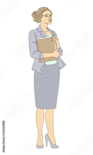 Silhouettes of a girl stands in a modern single line style. Business woman with documents. Continuous line, aesthetic decoration outline, posters, stickers, logo. Vector illustration.