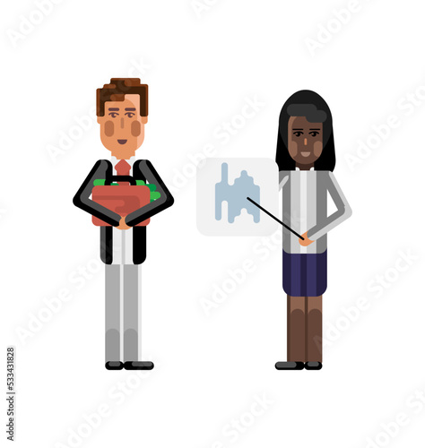 Black businesswoman showing financial diagram and european investor holding money suitcase. Corporate multicultural business people isolated vector illustration.