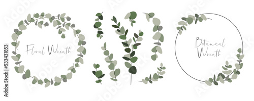 Floral Wreath collection on white background. Set frame of eucaliptus branches. Round icon in a trendy minimalistic linear style. Vector Floral logo.