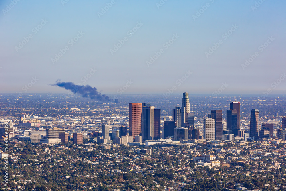Sunny view of the Los Angeles cityscape skyline