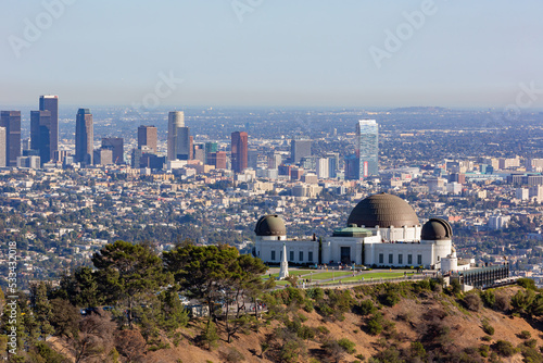 Sunny view of the Los Angeles cityscape with Griffith Observatory