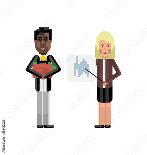 Blonde businesswoman showing financial diagram and african investor holding money suitcase. Corporate multicultural business people isolated vector illustration.