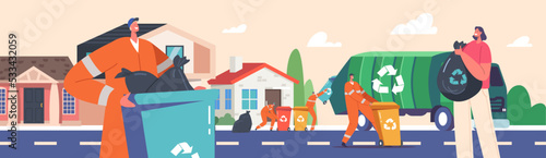 Scavengers in Uniform Collect Litter to Truck, Woman Throw Garbage into Recycling Bins on Street. Rubbish Recycling