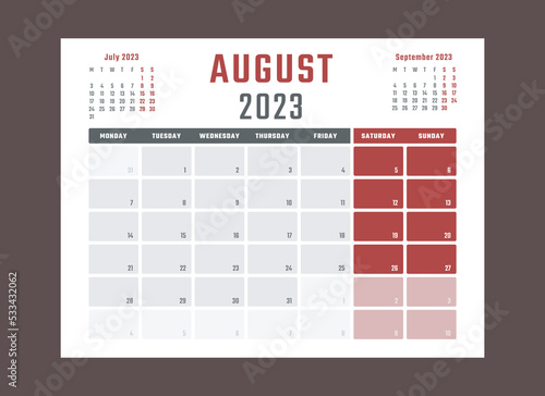 calendar for august 2023 starts monday, vector calendar design august 2023 year