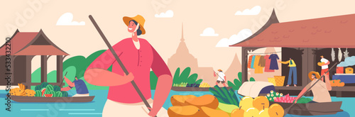 Floating Market in Thailand Concept. Saleswoman Character Wear Straw Hat on Boat with Paddle Sell and Buy Goods
