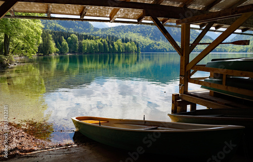 old wooden boats by gorgeous emerald-green lake Alpsee in the German Alps in Hohenschwangau near castles Hohenschwangau and Neuschwanstein  Allgau  Bavaria  Germany