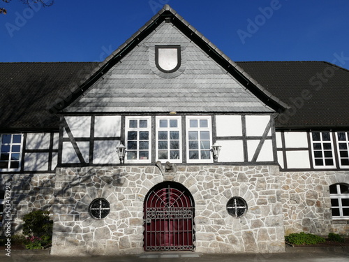 Rifle club hall of Amecke, Sauerland, North Rhine-Westphalia, Germany text in the iron gate: St. Hubertus Rifle Brotherhood Amecke 1853