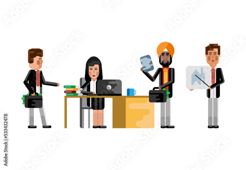 Multiethnic business staff in office, european speaker doing presentation, european and indian depositors with money suitcases. Corporate multicultural business people isolated vector illustration.